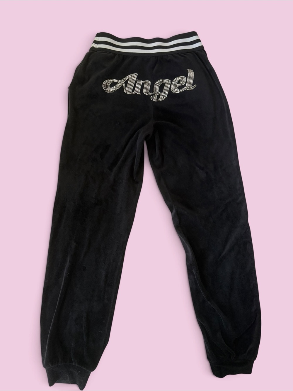 Y2K No Boundaries Black Velour 'Angel' Rhinestone Sweatpants with pockets